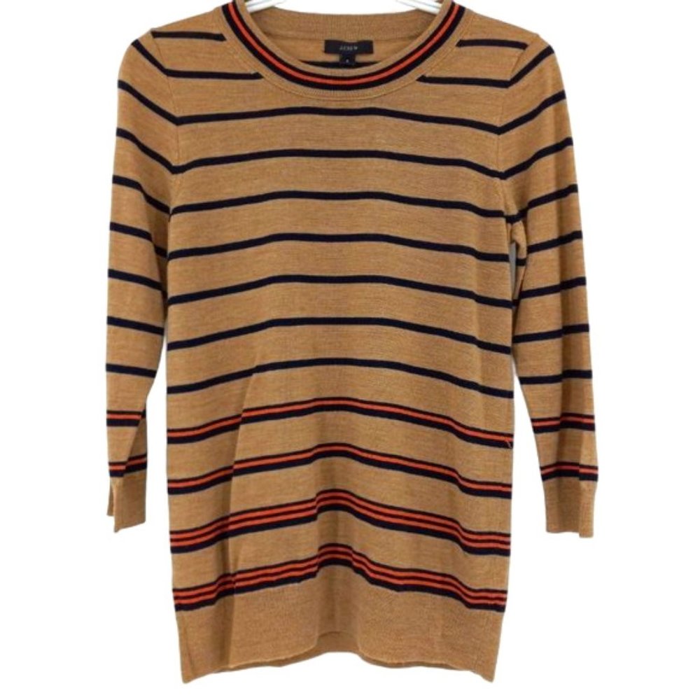 J.Crew Tippi Sweater 100% Merino Wool In Stripe Camel Black Pullover